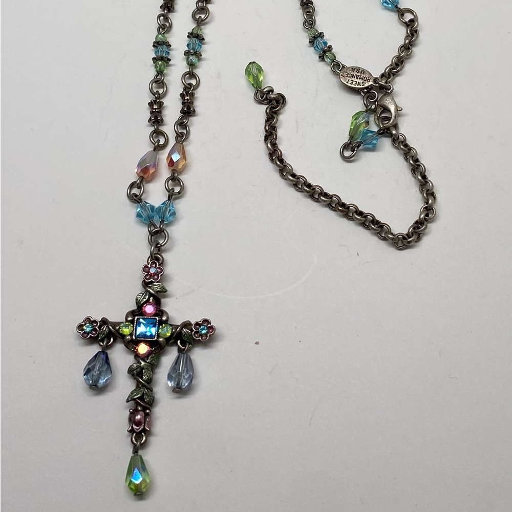 Sweet Romance USA Cross Art Glass Pendant Necklace, Rhinestones
